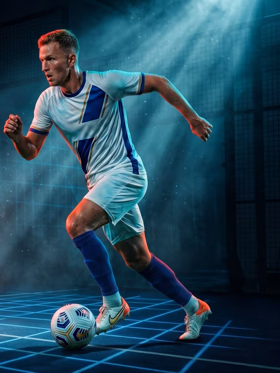 Odrasel rekreativni nogometaš z žogo na igrišču Multisport Arene